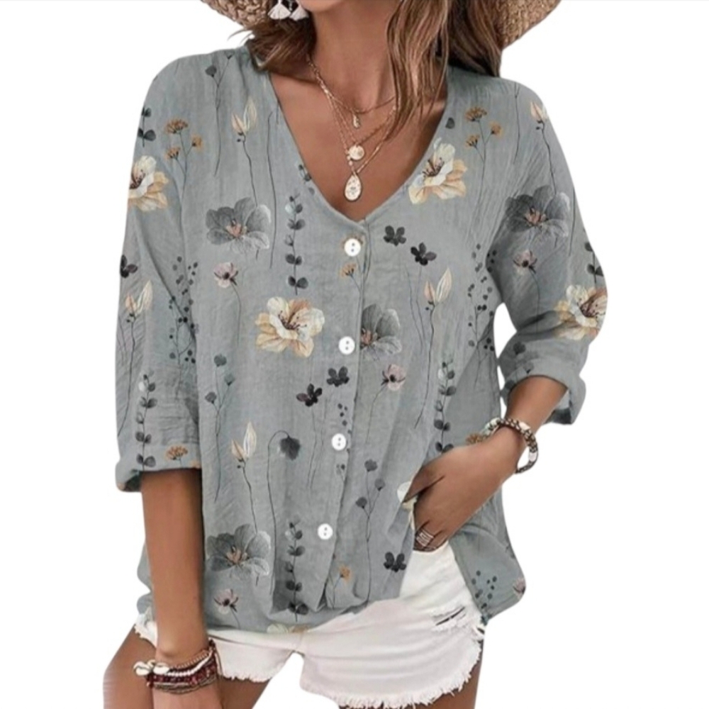 LaMode Floral Button-Up V-Neck Blouse Lightweight Soft Boho Relaxed Fit NWT LRG